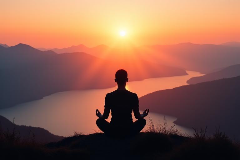 Personne méditant au lever du soleil sur une colline, représente la paix intérieure.