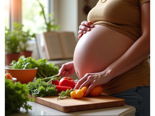 Femme enceinte préparant des légumes frais, symbole de nutrition saine.