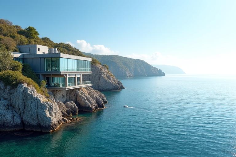 Vue sur mer calme avec centre de thalassothérapie, représente la détente.