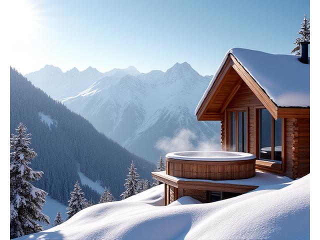 Chalet en bois avec vue sur les montagnes enneigées des Alpes, symbolisant la sérénité.