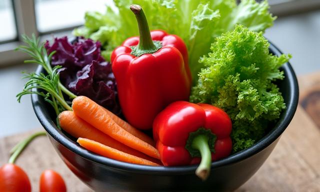 Bol rempli de légumes frais et colorés, symbolisant l'alimentation saine pour une belle peau.