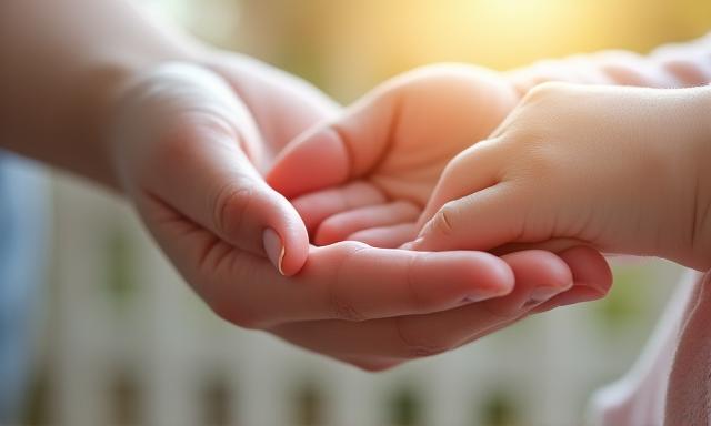 Main d'adulte tenant la main d'un enfant, symbolisant les soins dermatologiques pour les peaux sensibles, notamment chez les enfants.