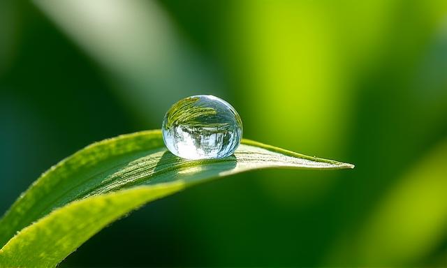 Gros plan sur une goutte d'eau tombant sur une feuille verte, symbolisant l'hydratation et le soin de la peau.