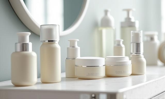 Divers flacons et produits de soin disposés sur une étagère de salle de bain, illustrant une routine de soin de la peau.