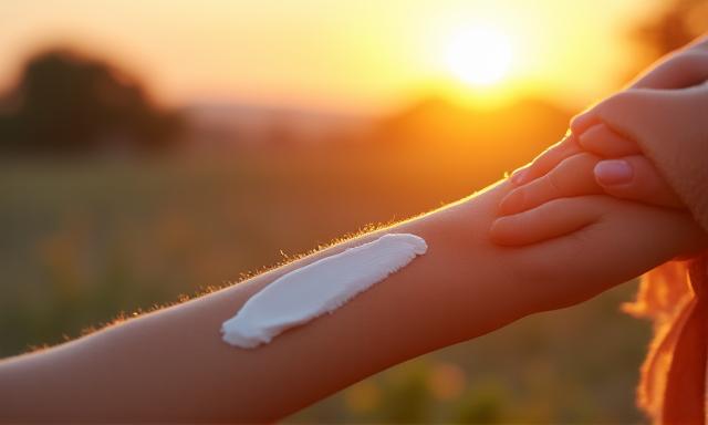 Crème solaire appliquée sur le bras d'une personne, avec un soleil en arrière-plan, illustrant la protection solaire.