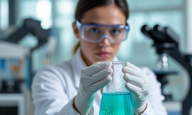 Scientifique en blouse blanche manipulant des éprouvettes dans un laboratoire, symbolisant la recherche et les traitements innovants.