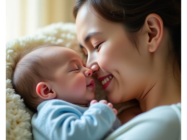Photo d'une jeune maman et son bébé, tendres moments.