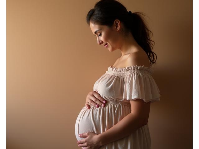 Photo d'une femme enceinte, sereine, se tenant le ventre.