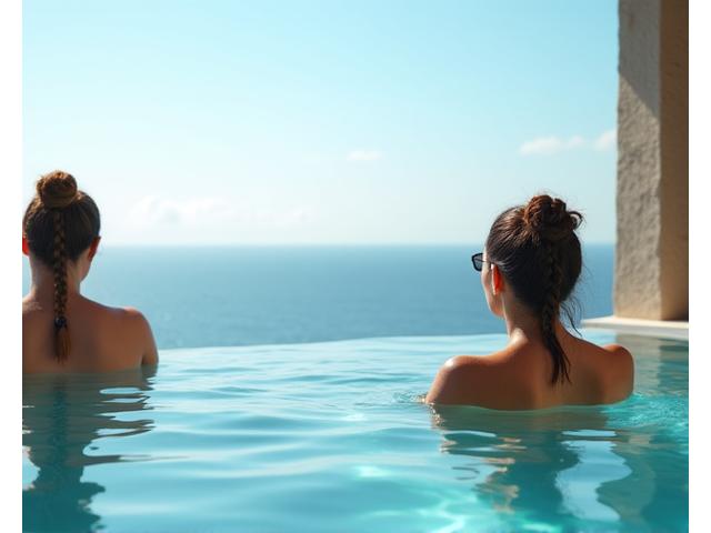 Photo d'une personne se relaxant dans une piscine de thalassothérapie, avec une vue mer.