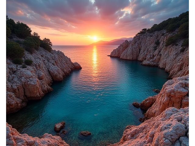 Coucher de soleil sur une crique rocheuse isolée en Corse, invitant à la méditation.