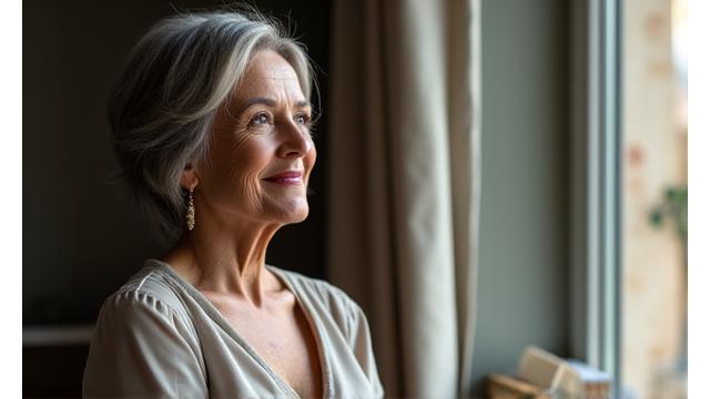 Une femme d'âge mûr sereine, symbolisant la ménopause