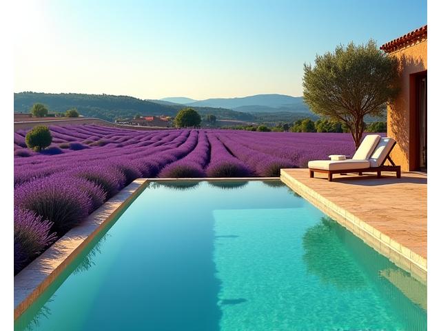 Piscine à débordement d'un spa de luxe en Provence, entourée de lavande.