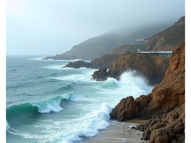 Vue d'une plage de Bretagne avec des embruns fins et un centre de thalassothérapie en arrière-plan.